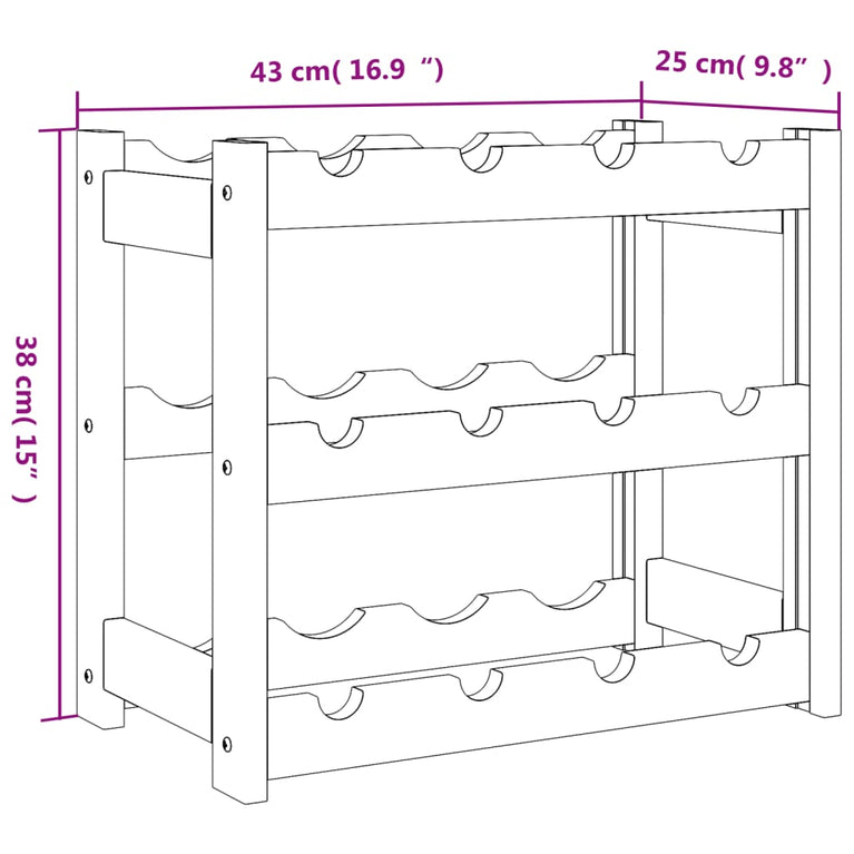 Wijnrek voor 12 flessen massief grenenhout zwart