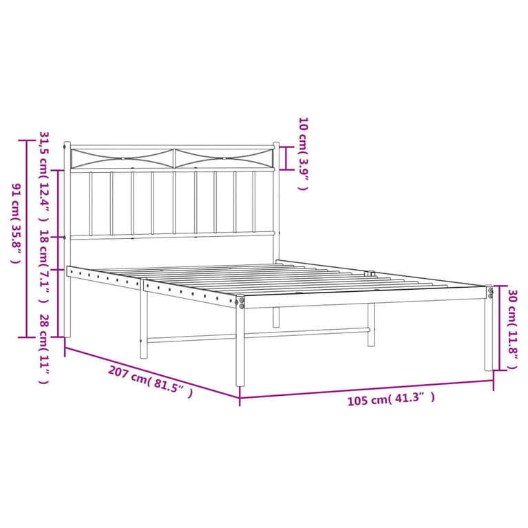 Bedframe met hoofdbord metaal zwart 100x200 cm