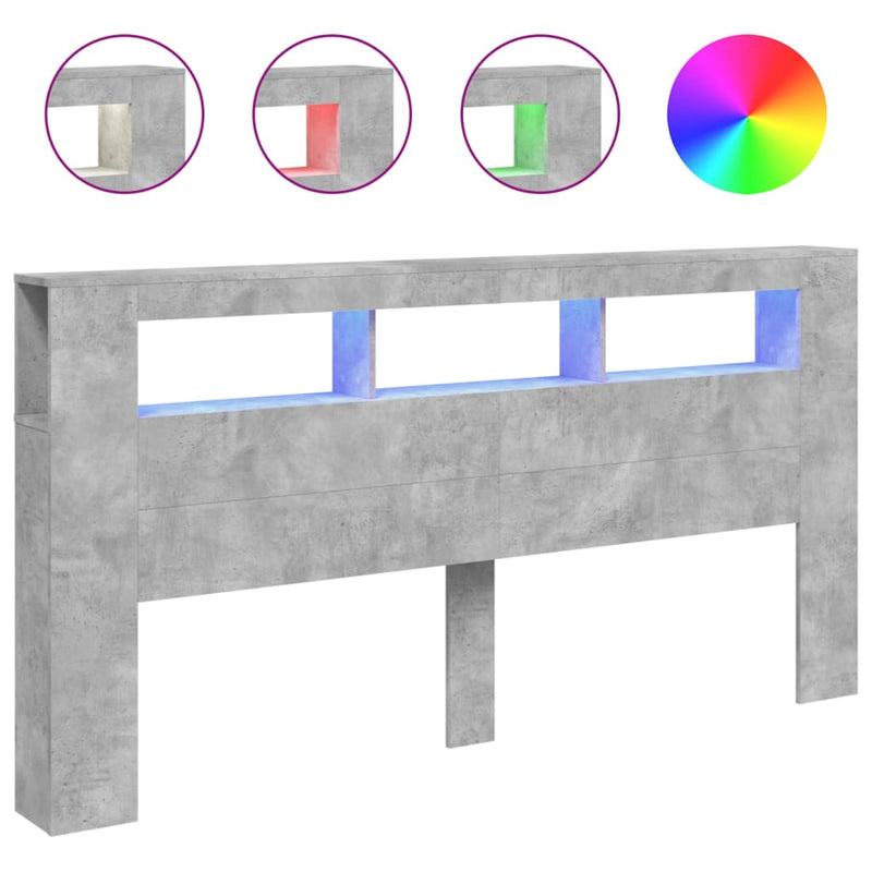 Hoofdeinde met LED 200x18,5x103,5 cm bewerkt hout betongrijs