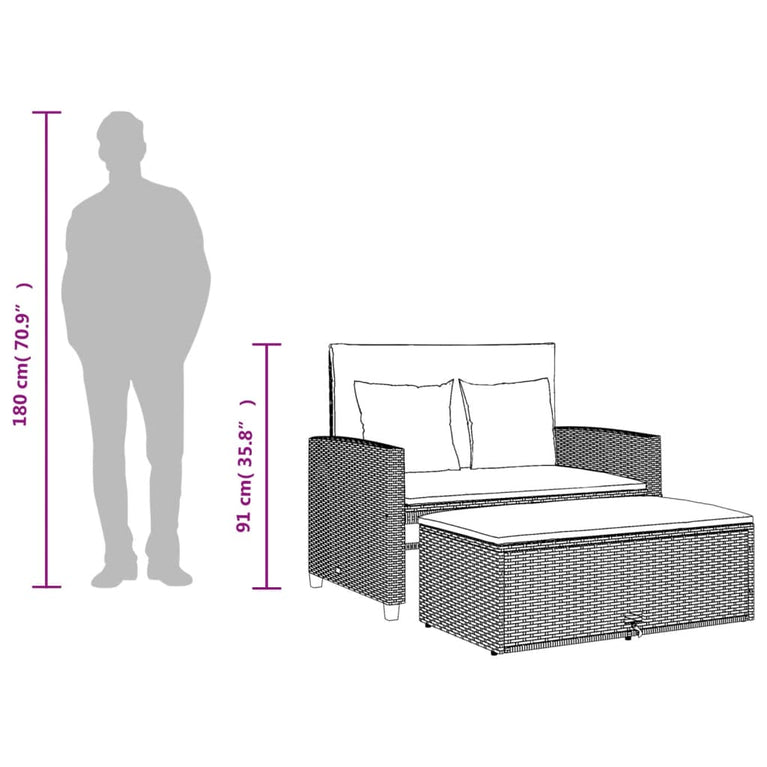 Tuinbank 2-zits met kussens poly rattan grijs