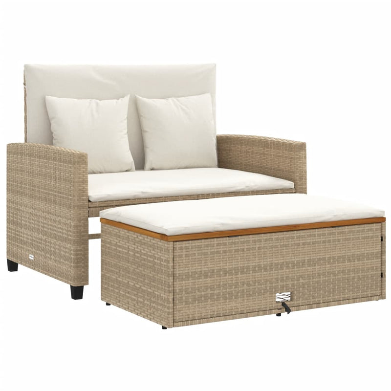 Tuinbank 2-zits met kussens poly rattan en acaciahout beige