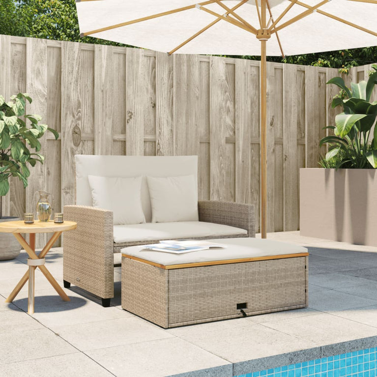 Tuinbank 2-zits met kussens poly rattan en acaciahout beige