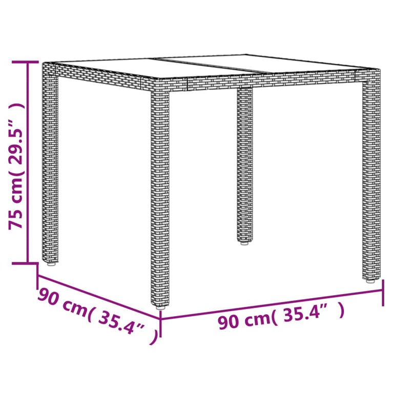 Tuintafel met glazen blad 90x90x75 cm poly rattan grijs
