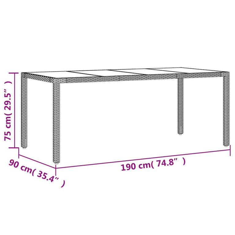 Tuintafel met glazen blad 190x90x75 cm poly rattan grijs