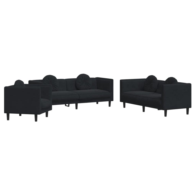 3-delige Loungeset met kussens fluweel zwart