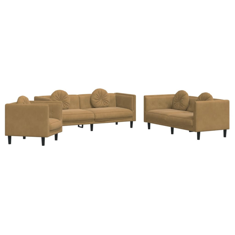 3-delige Loungeset met kussens fluweel bruin