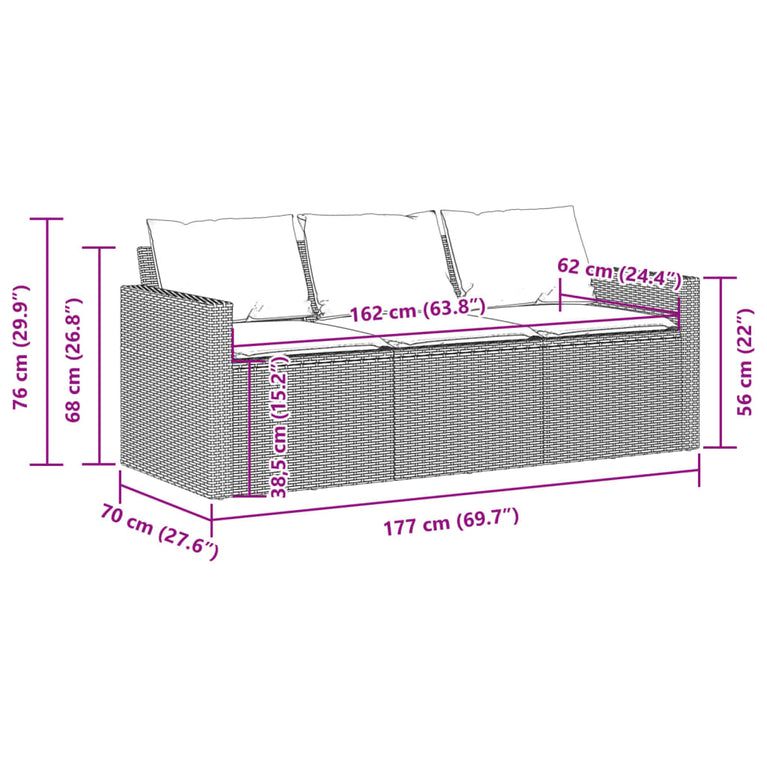 Tuinbank 3-zits met kussens poly rattan zwart