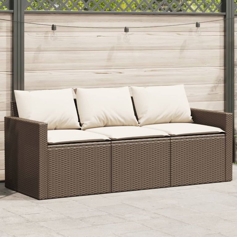 Tuinbank 3-zits met kussens poly rattan bruin