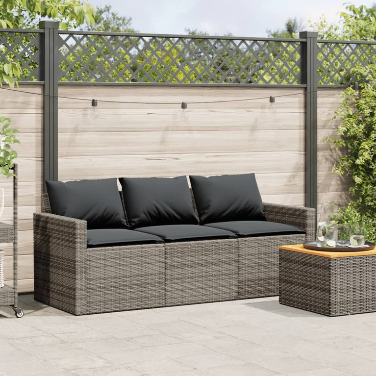 Tuinbank 3-zits met kussens poly rattan grijs