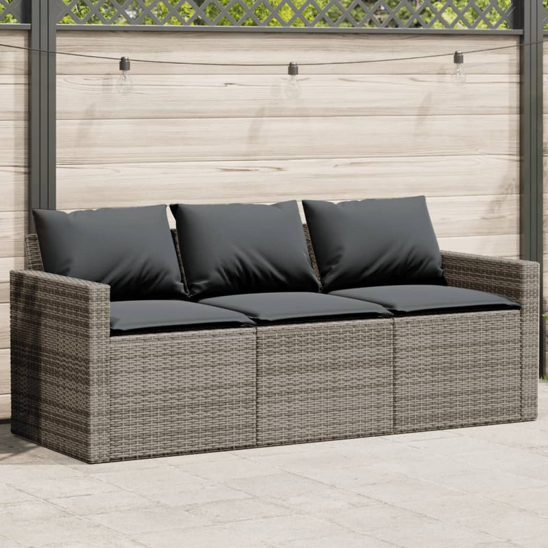 Tuinbank 3-zits met kussens poly rattan grijs