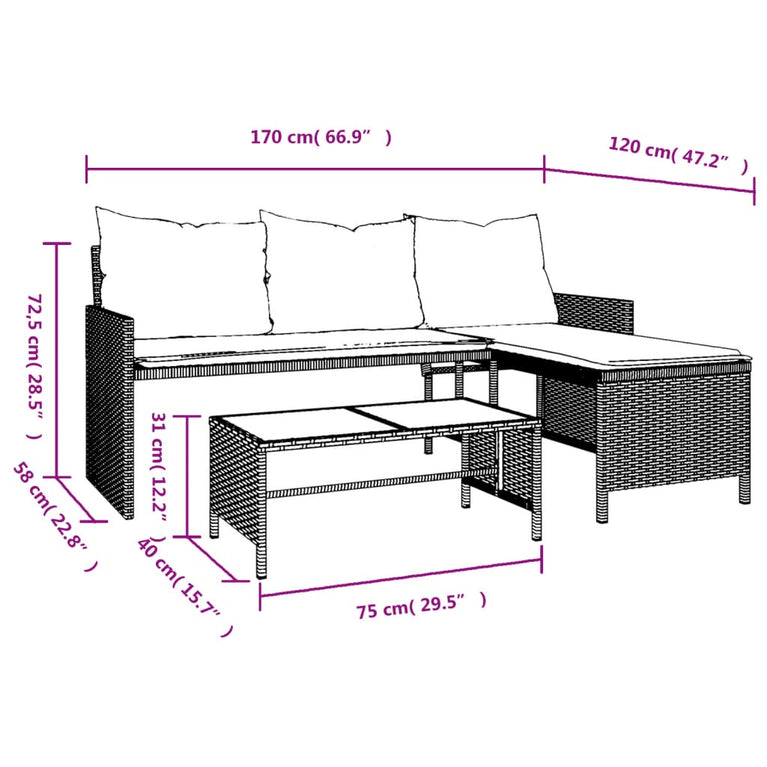 Tuinbank met tafel en kussens L-vormig poly rattan zwart