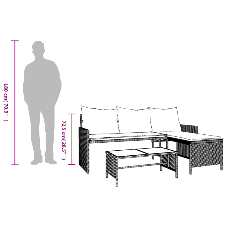 Tuinbank met tafel en kussens L-vormig poly rattan zwart