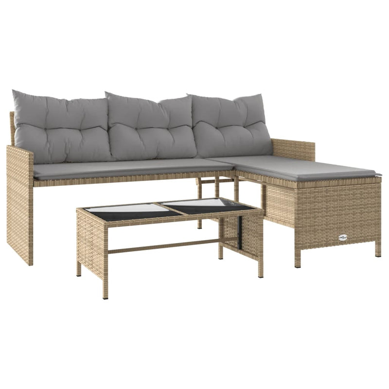 Tuinbank met tafel en kussens L-vormig poly rattan beige