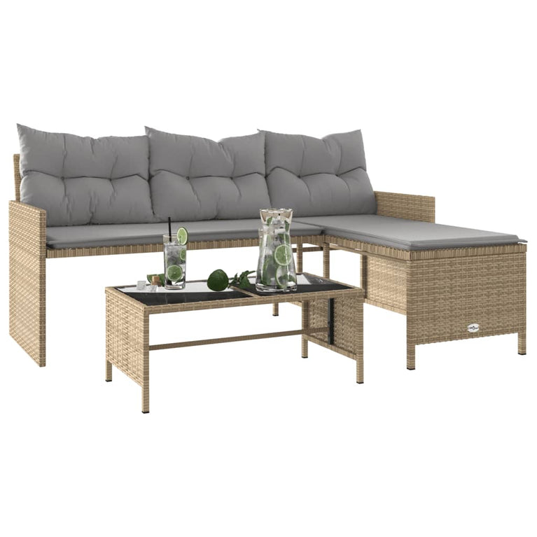 Tuinbank met tafel en kussens L-vormig poly rattan beige