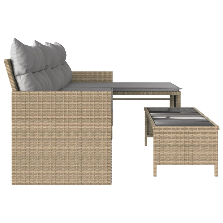 Tuinbank met tafel en kussens L-vormig poly rattan beige