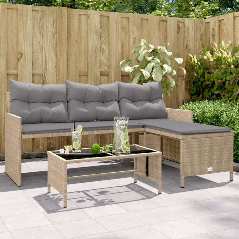 Tuinbank met tafel en kussens L-vormig poly rattan beige