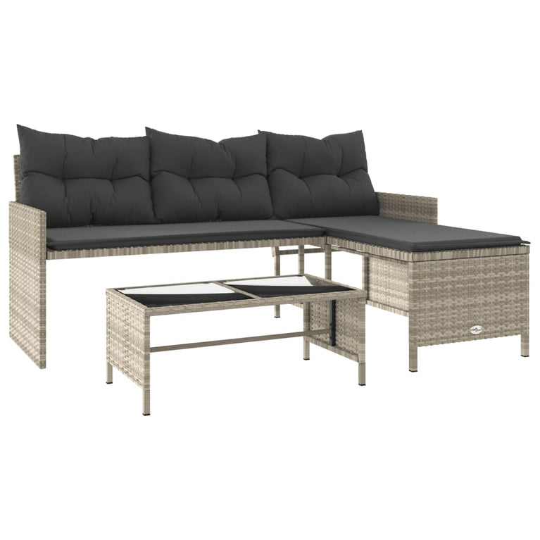 Tuinbank met tafel en kussens L-vormig poly rattan lichtgrijs