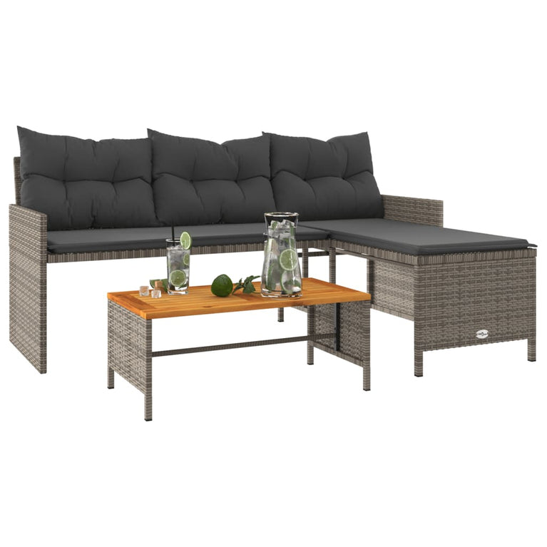 Tuinbank met tafel en kussens L-vormig poly rattan grijs