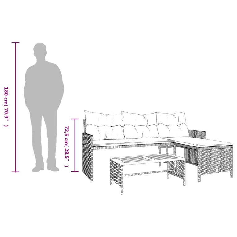 Tuinbank met tafel en kussens L-vormig poly rattan grijs