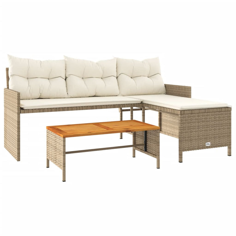 Tuinbank met tafel en kussens L-vormig poly rattan beige