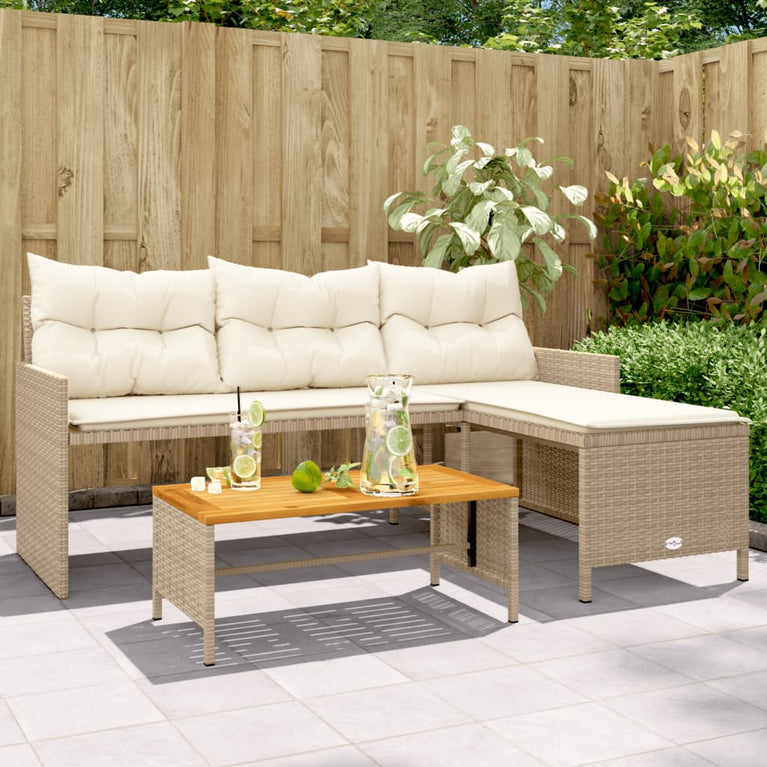 Tuinbank met tafel en kussens L-vormig poly rattan beige