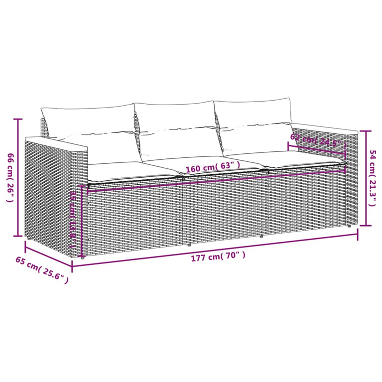 Tuinbank 3-zits met kussens poly rattan grijs