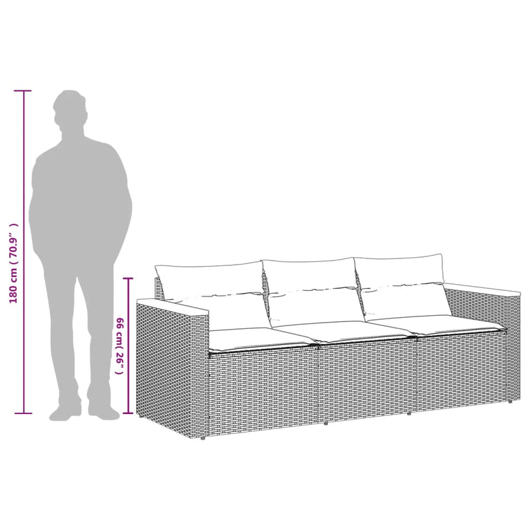 Tuinbank 3-zits met kussens poly rattan grijs