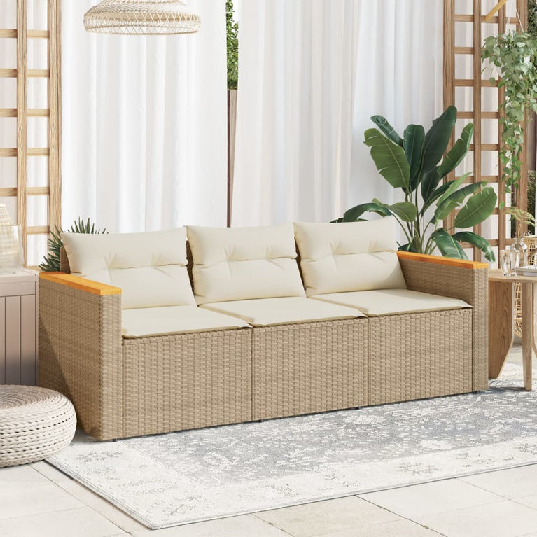 Tuinbank 3-zits met kussens poly rattan beige