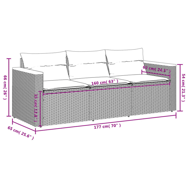 Tuinbank 3-zits met kussens poly rattan beige