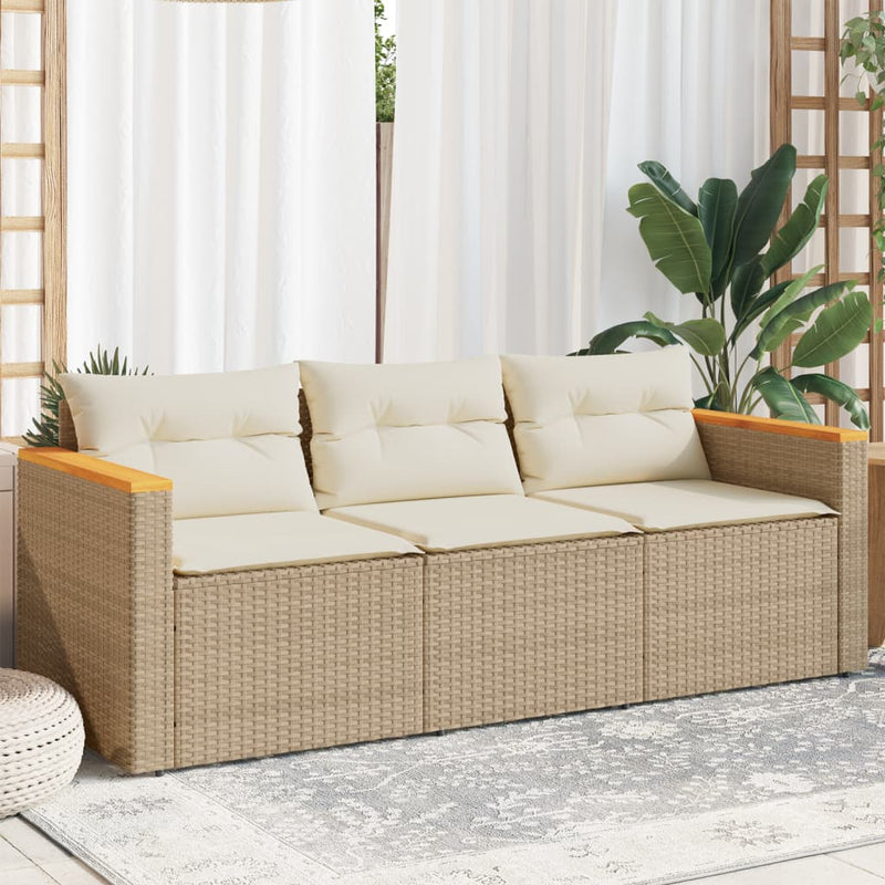 Tuinbank 3-zits met kussens poly rattan beige