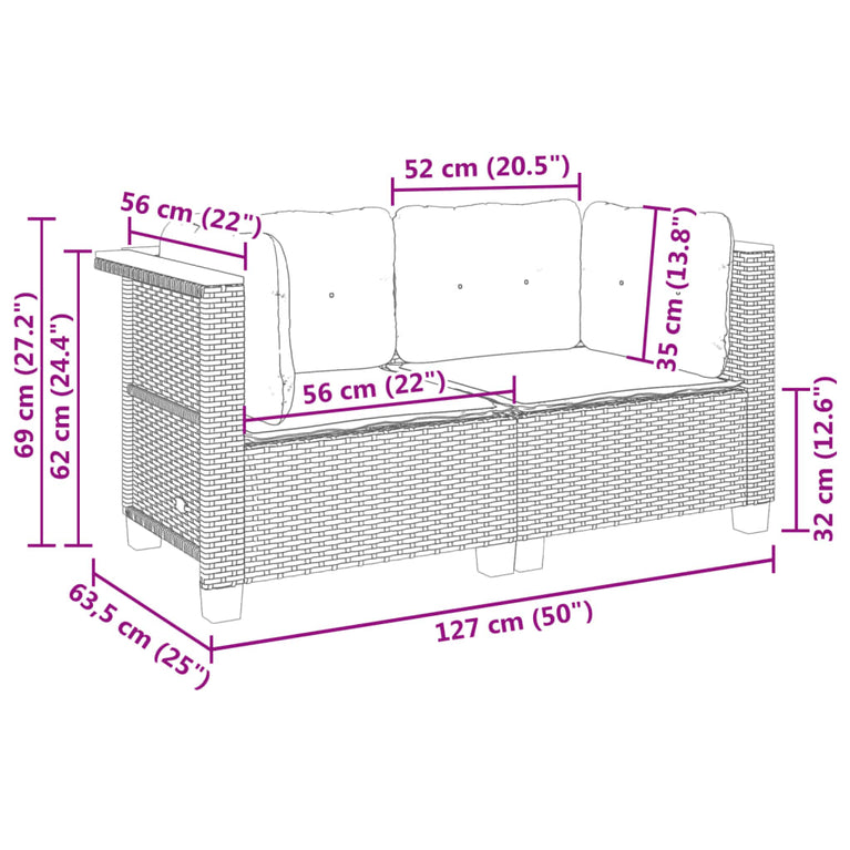 Tuinhoekbanken 2 st met kussens poly rattan grijs