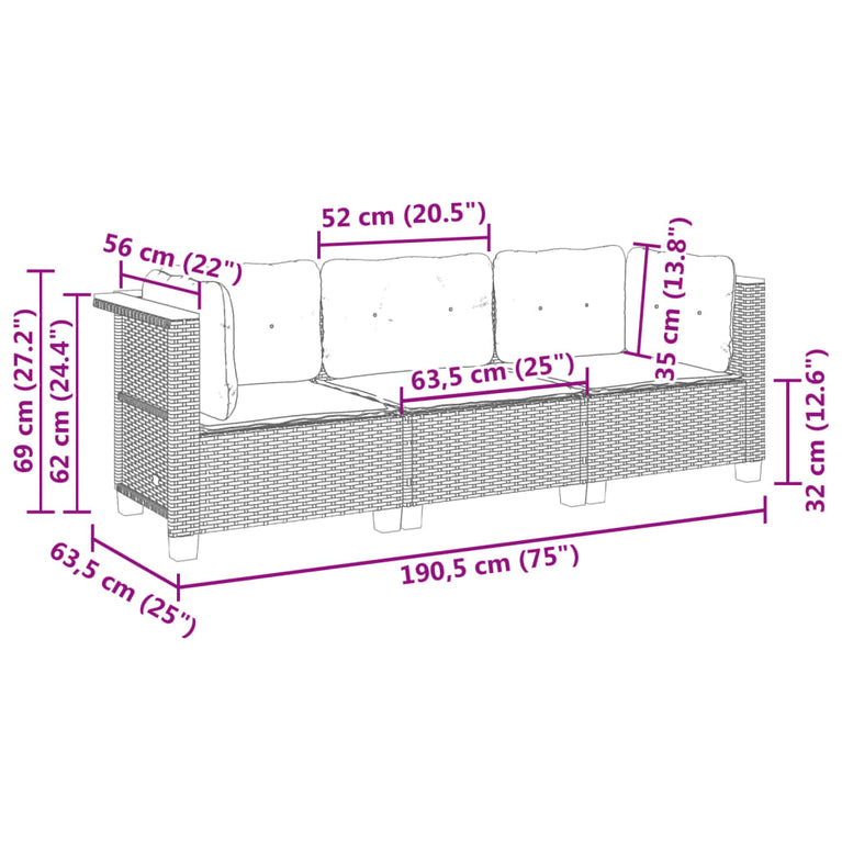 Tuinbank 3-zits met kussens poly rattan grijs