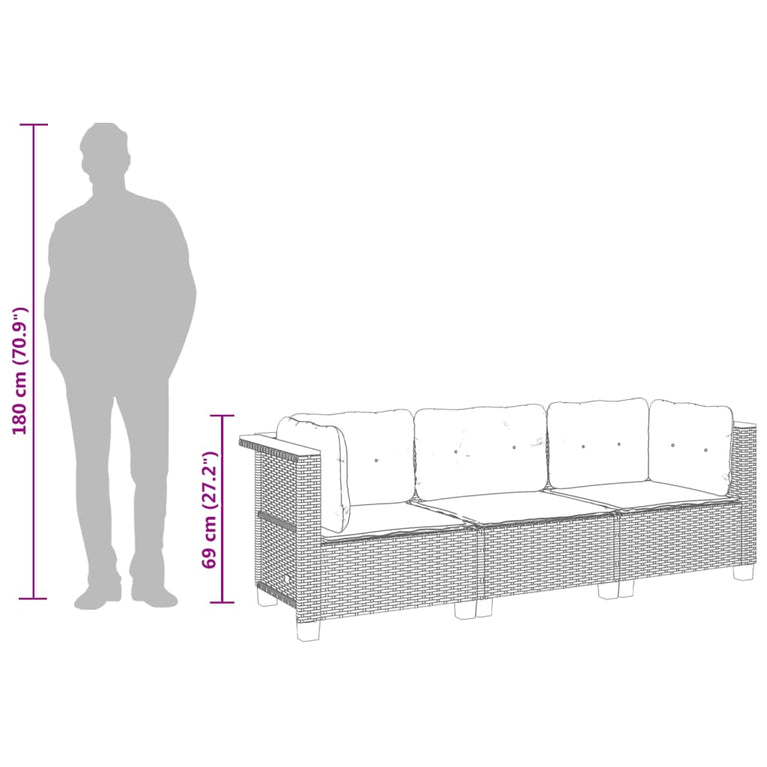 Tuinbank 3-zits met kussens poly rattan grijs