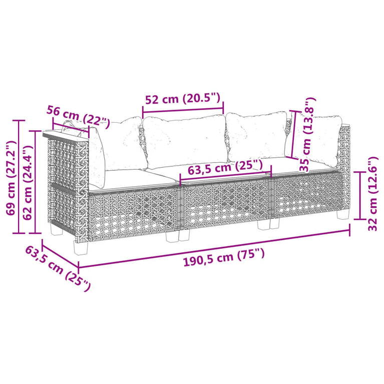 Tuinbank 3-zits met kussens poly rattan zwart