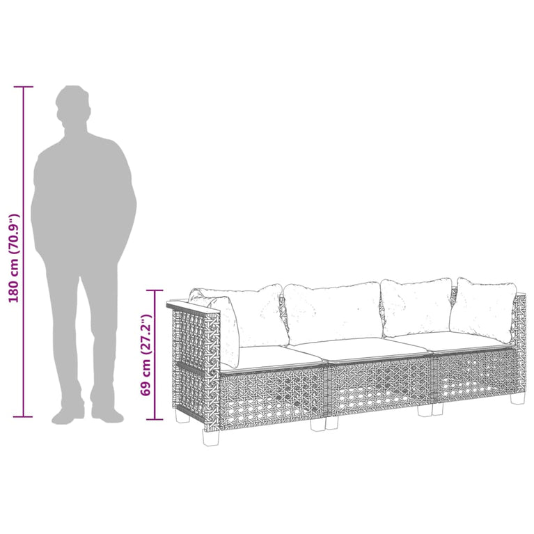 Tuinbank 3-zits met kussens poly rattan zwart