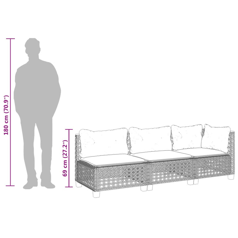 Tuinbank 3-zits met kussens poly rattan zwart