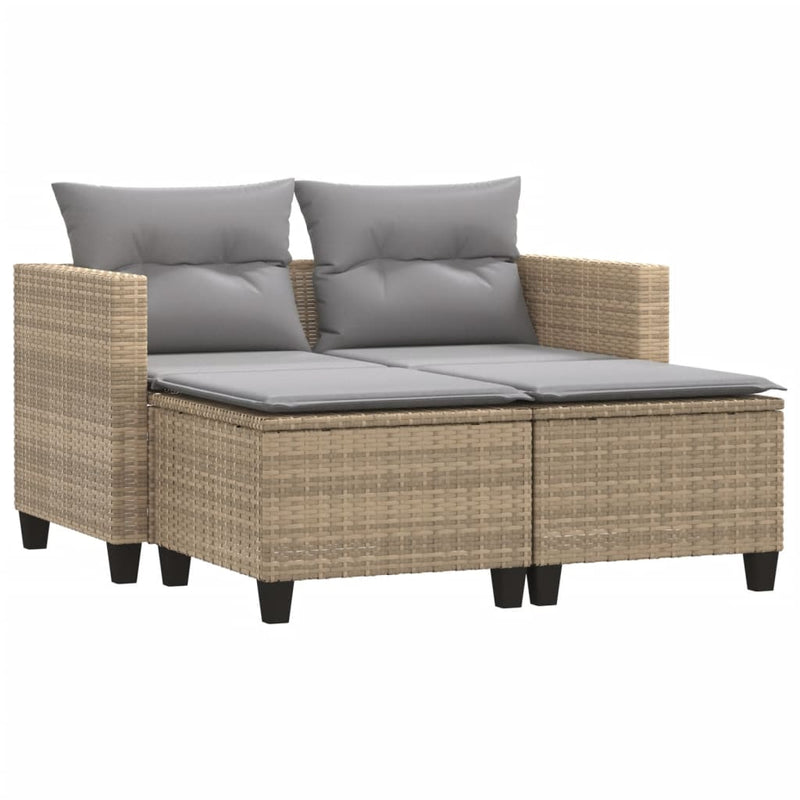 Tuinbank 2-zits met voetenbanken poly rattan beige