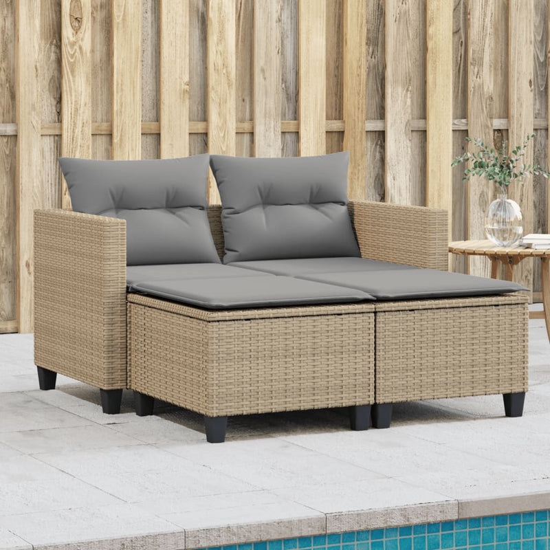 Tuinbank 2-zits met voetenbanken poly rattan beige