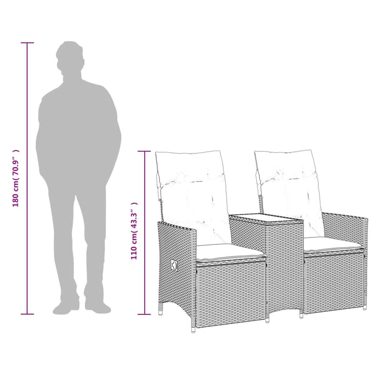 Tuinbank 2-zits verstelbaar met tafel poly rattan bruin