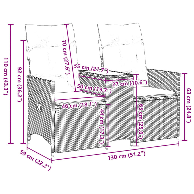 Tuinbank 2-zits verstelbaar met tafel poly rattan bruin