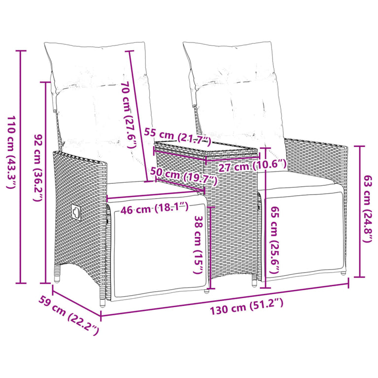 Tuinbank 2-zits verstelbaar met tafel poly rattan bruin