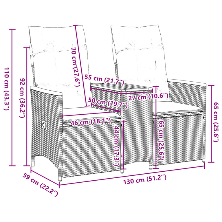 Tuinbank 2-zits verstelbaar met tafel poly rattan zwart