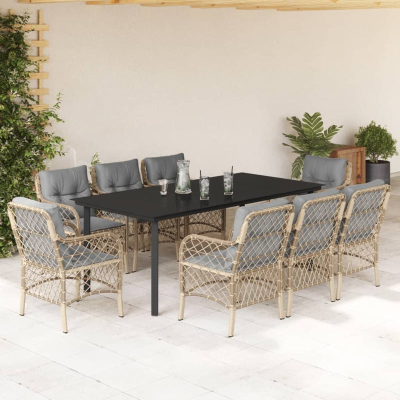 9-delige Tuinset met kussens poly rattan gemengd beige