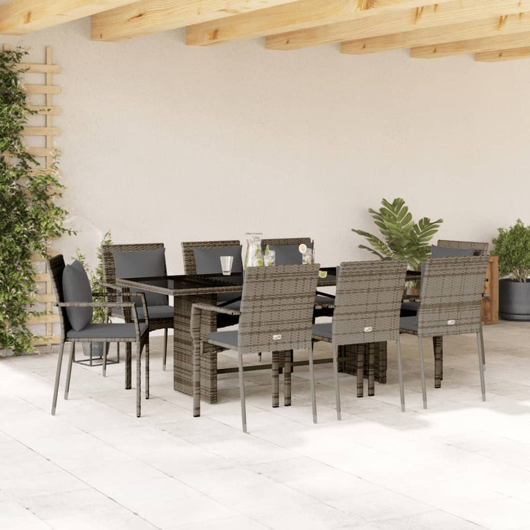 9-delige Tuinset met kussens poly rattan grijs
