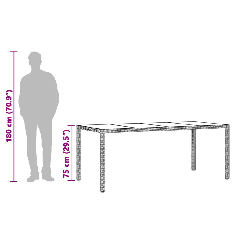 Tuintafel met glazen blad 190x90x75 cm poly rattan bruin