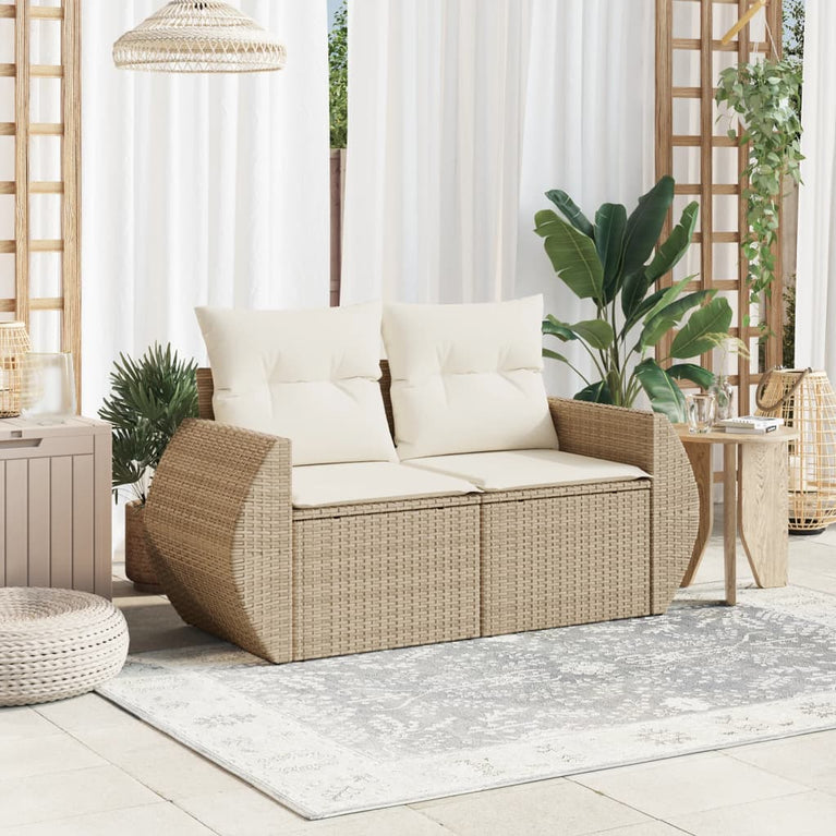 Tuinbank 2-zits met kussens poly rattan beige