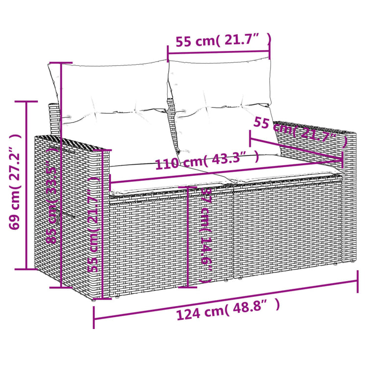 Tuinbank 2-zits met kussens poly rattan bruin