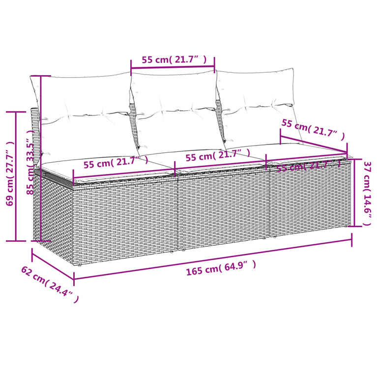 Tuinbank 3-zits met kussens poly rattan bruin