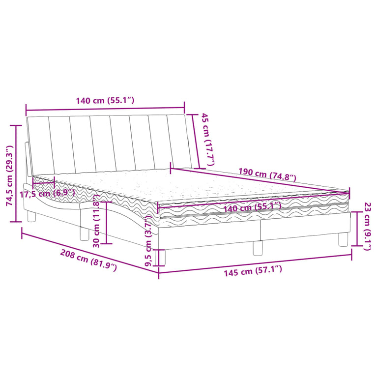 Bed met matras fluweel lichtgrijs 140x190 cm