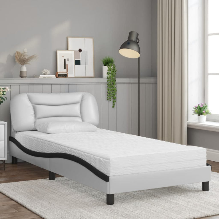 Bed met matras kunstleer wit en zwart 100x200 cm